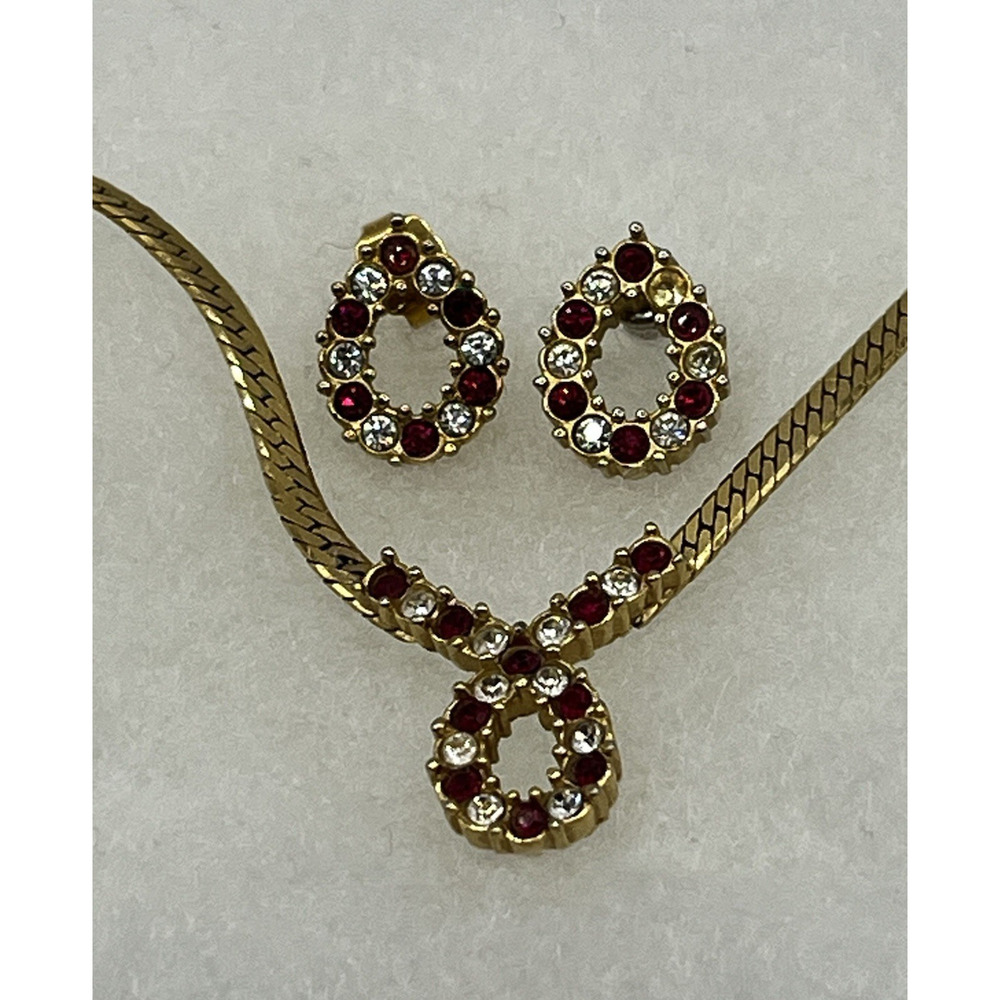 Vintage Avon Necklace Earrings Set Red Rhinestone Gold Tone Herringbone Chain